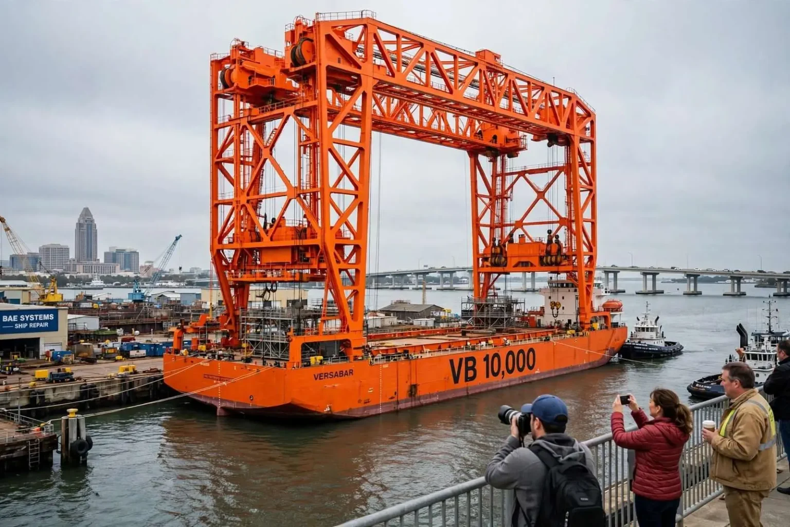 Illustration for the news story: Massive Orange Lift Vessel Spotted on Mobile Bay Draws Curious Onlookers