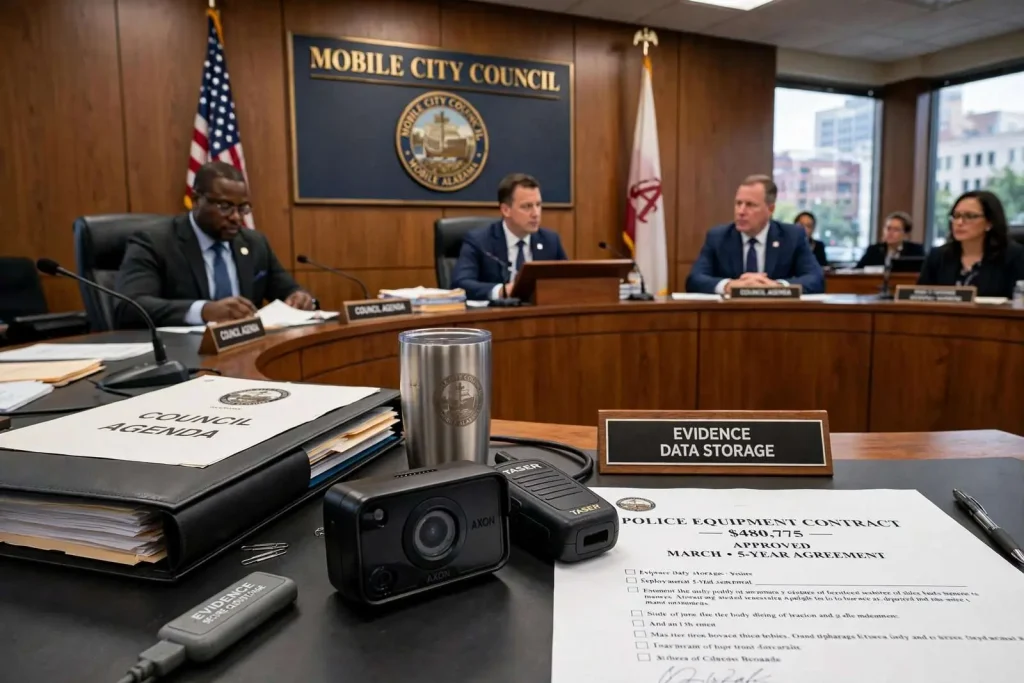 Illustration for the news story: Mobile City Council Approves Police Body Cameras, Tackles Wide-Ranging Agenda