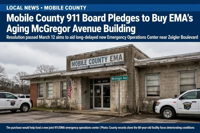 Illustration for the news story: Mobile County 911 Board Pledges to Buy EMA’s Aging McGregor Avenue Building