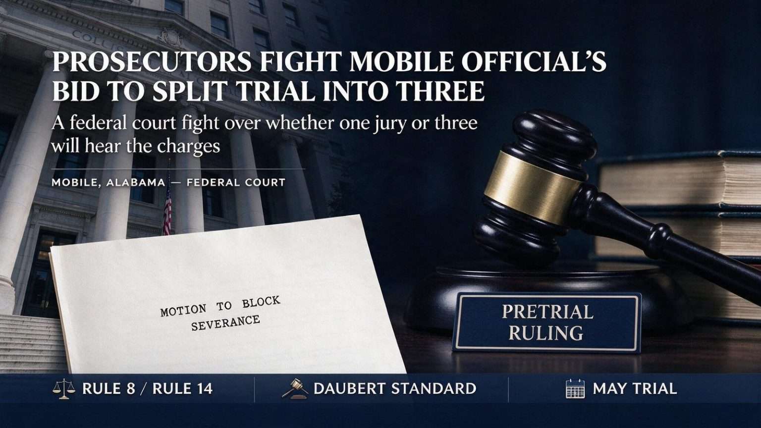 Illustration for the news story: Prosecutors Fight Mobile Official’s Bid to Split Trial Into Three