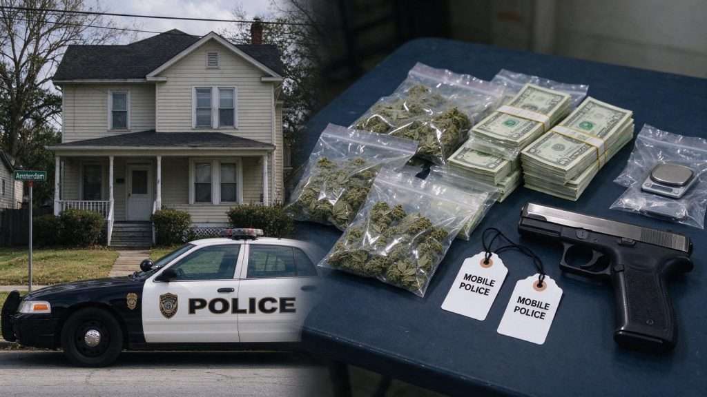 Illustration for the news story: Mobile Drug Raid Nets Cash, 8 Pounds of Marijuana and Weapon