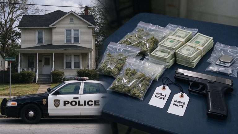 Illustration for the news story: Mobile Drug Raid Nets Cash, 8 Pounds of Marijuana and Weapon