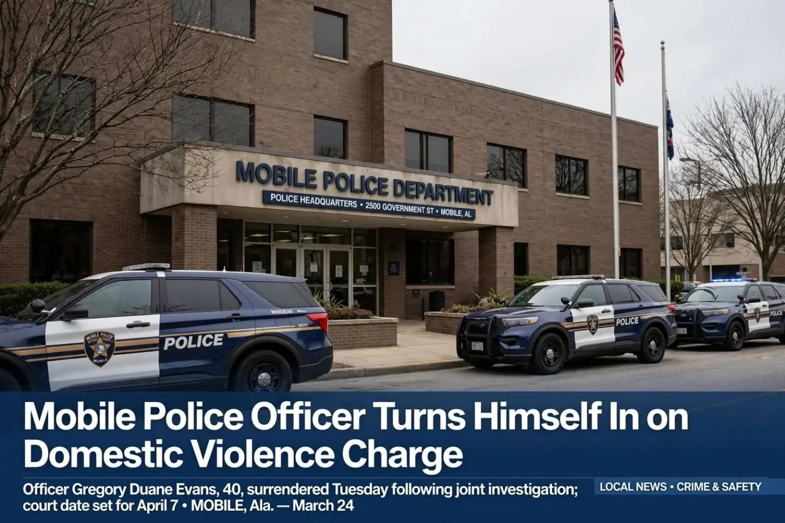 Illustration for the news story: Mobile Police Officer Turns Himself In on Domestic Violence Charge