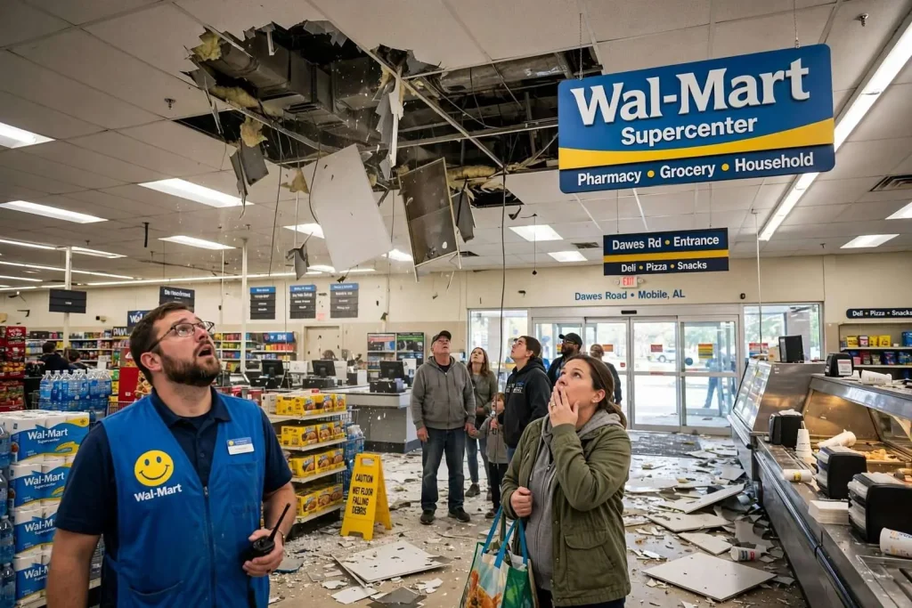 Illustration for the news story: Shoplifting Suspect Escapes Mobile Wal-Mart by Kicking Through Ceiling