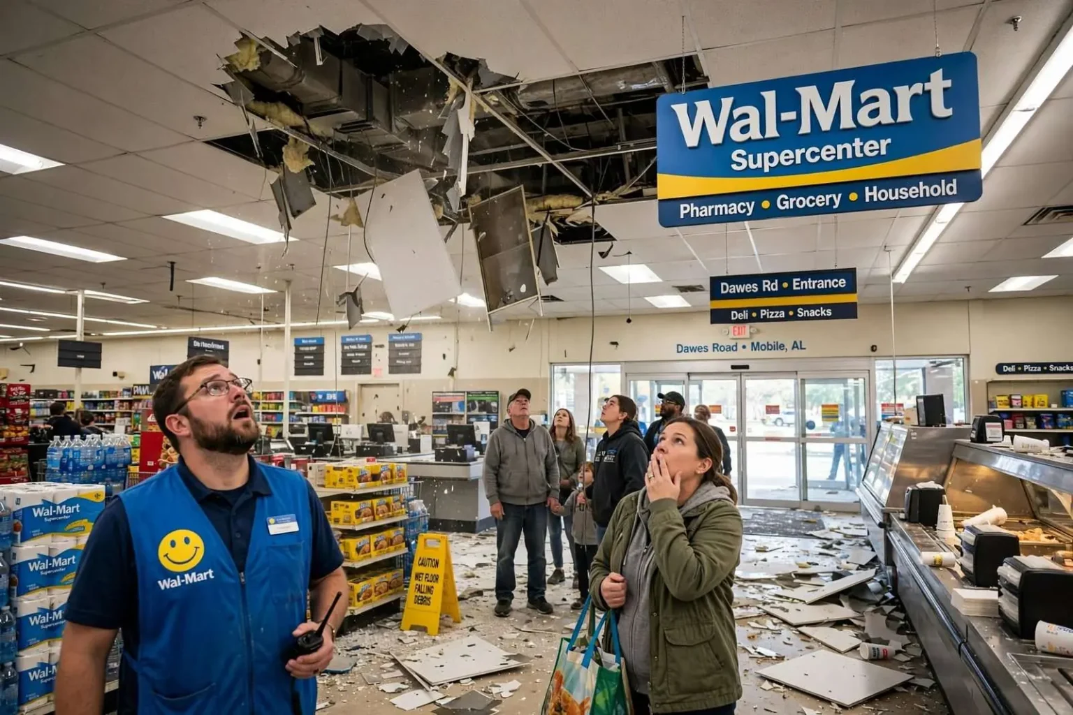 Illustration for the news story: Shoplifting Suspect Escapes Mobile Wal-Mart by Kicking Through Ceiling