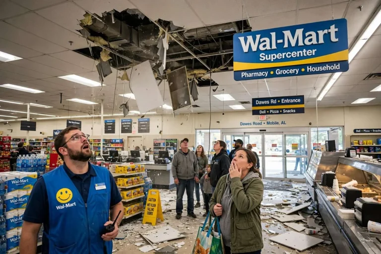Illustration for the news story: Shoplifting Suspect Escapes Mobile Wal-Mart by Kicking Through Ceiling
