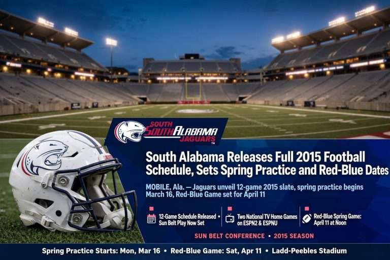 Illustration for the news story: South Alabama Releases Full 2015 Football Schedule, Sets Spring Practice and Red-Blue Game Dates