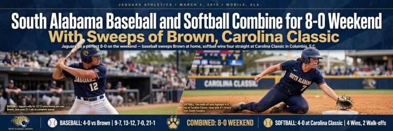 Illustration for the news story: South Alabama Baseball and Softball Combine for 8-0 Weekend With Sweeps of Brown, Carolina Classic