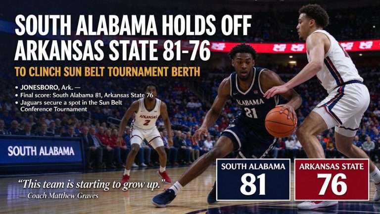 Illustration for the news story: South Alabama Holds Off Arkansas State 81-76 to Clinch Sun Belt Tournament Berth