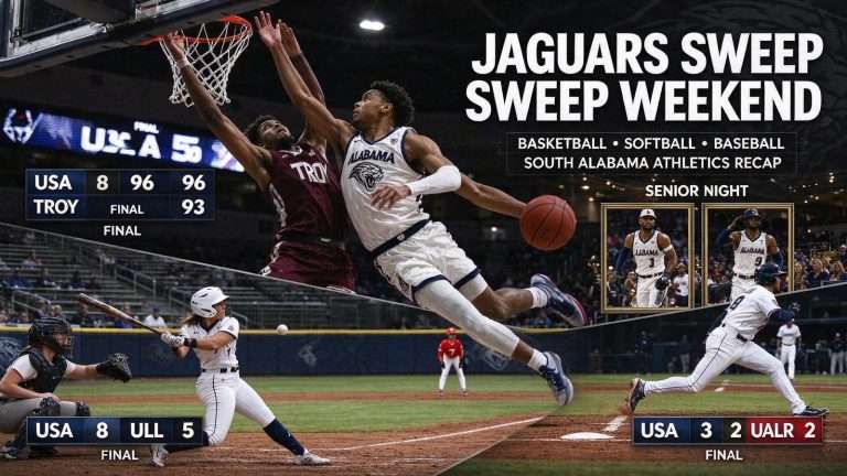 Illustration for the news story: South Alabama Beats Troy 96-93 on Senior Night; Softball Takes Finale From No. 7 Louisiana-Lafayette
