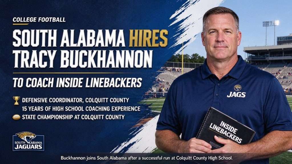 Illustration for the news story: South Alabama Hires Colquitt County Defensive Coordinator Tracy Buckhannon to Coach Inside Linebackers