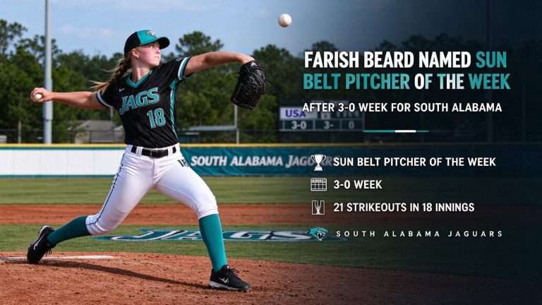 Illustration for the news story: Farish Beard Named Sun Belt Pitcher of the Week After 3-0 Week for South Alabama