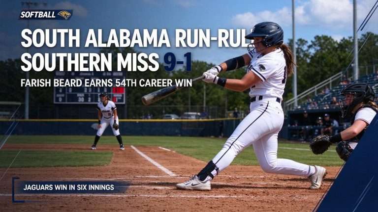 Illustration for the news story: South Alabama Softball Run-Rules Southern Miss 9-1 as Farish Beard Earns 54th Career Win