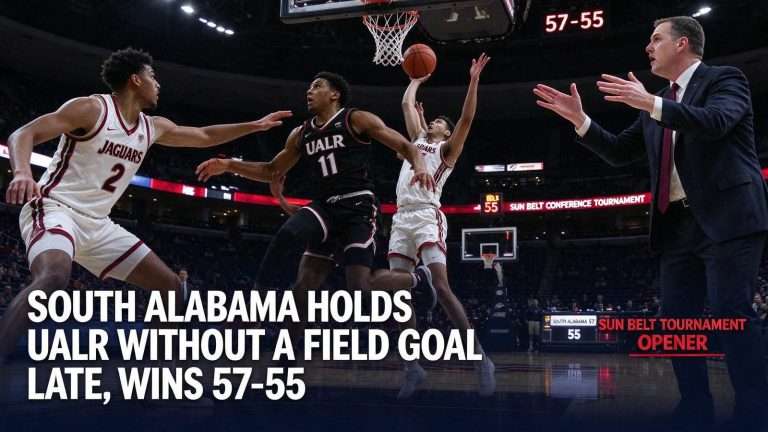 Illustration for the news story: South Alabama Holds UALR Without a Field Goal Late, Wins 57-55 in Sun Belt Tournament Opener