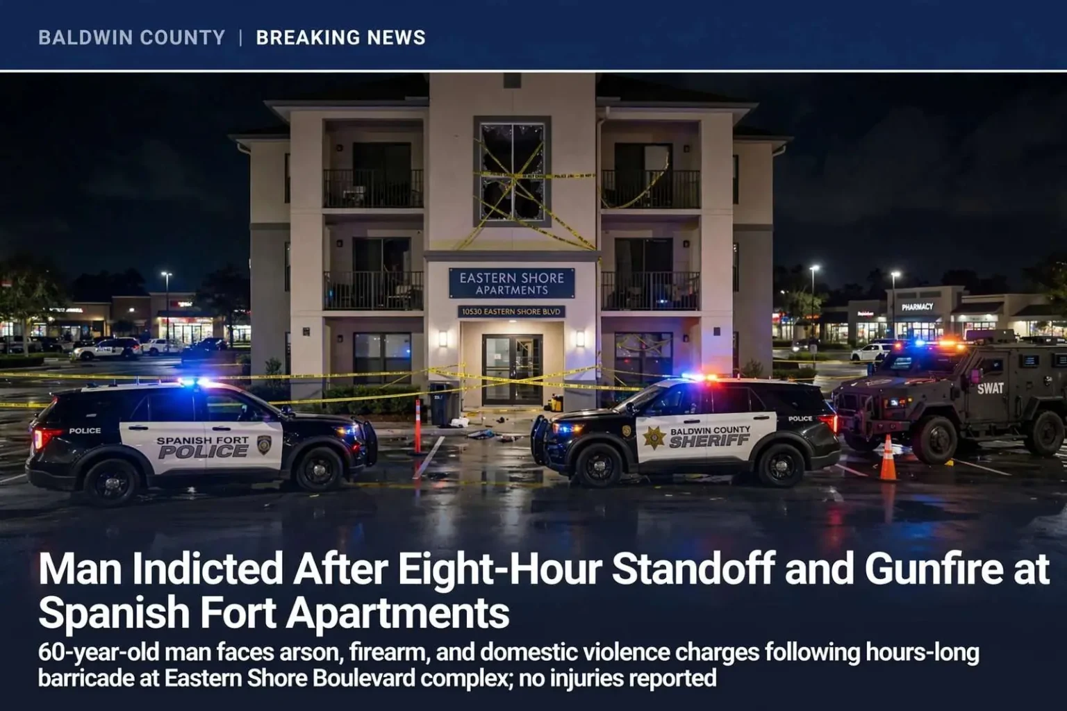 Illustration for the news story: Man Indicted After Eight-Hour Standoff and Gunfire at Spanish Fort Apartments