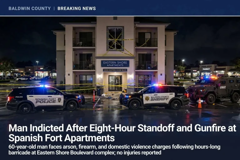 Illustration for the news story: Man Indicted After Eight-Hour Standoff and Gunfire at Spanish Fort Apartments
