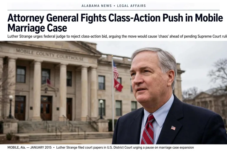 Illustration for the news story: Attorney General Fights Class-Action Push in Mobile Marriage Case