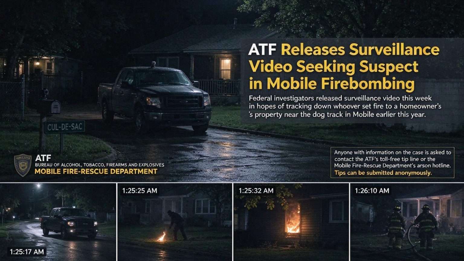 Illustration for the news story: ATF Releases Surveillance Video Seeking Suspect in Mobile Firebombing