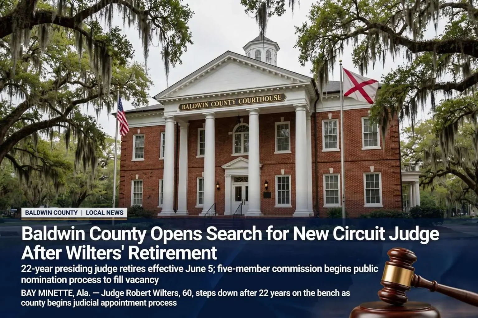 Illustration for the news story: Baldwin County Opens Search for New Circuit Judge After Wilters’ Retirement