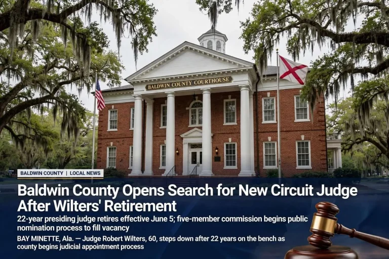 Illustration for the news story: Baldwin County Opens Search for New Circuit Judge After Wilters’ Retirement