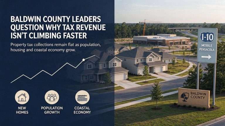 Illustration for the news story: Baldwin County Leaders Question Why Tax Revenue Isn’t Climbing Faster