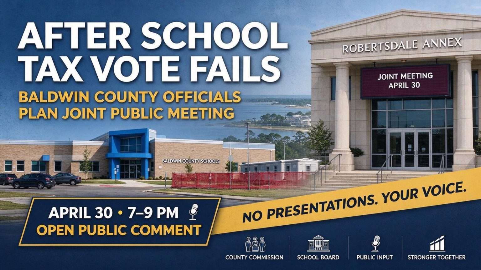 Illustration for the news story: Baldwin County Officials Plan Joint Meeting After School Tax Vote Fails