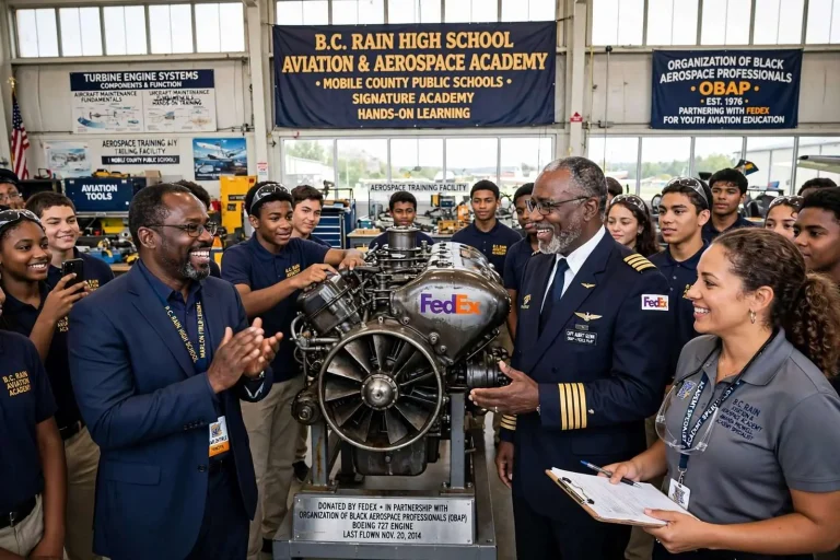 Illustration for the news story: B.C. Rain High School Receives Donated Boeing 727 Engine for Aviation Academy