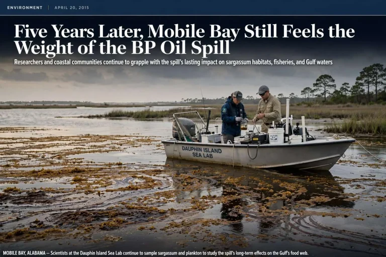 Illustration for the news story: Five Years Later, Mobile Bay Still Feels the Weight of the BP Oil Spill
