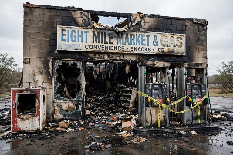 Illustration for the news story: Eight Mile Family Struggles to Recover After Arson Guts Gas Station