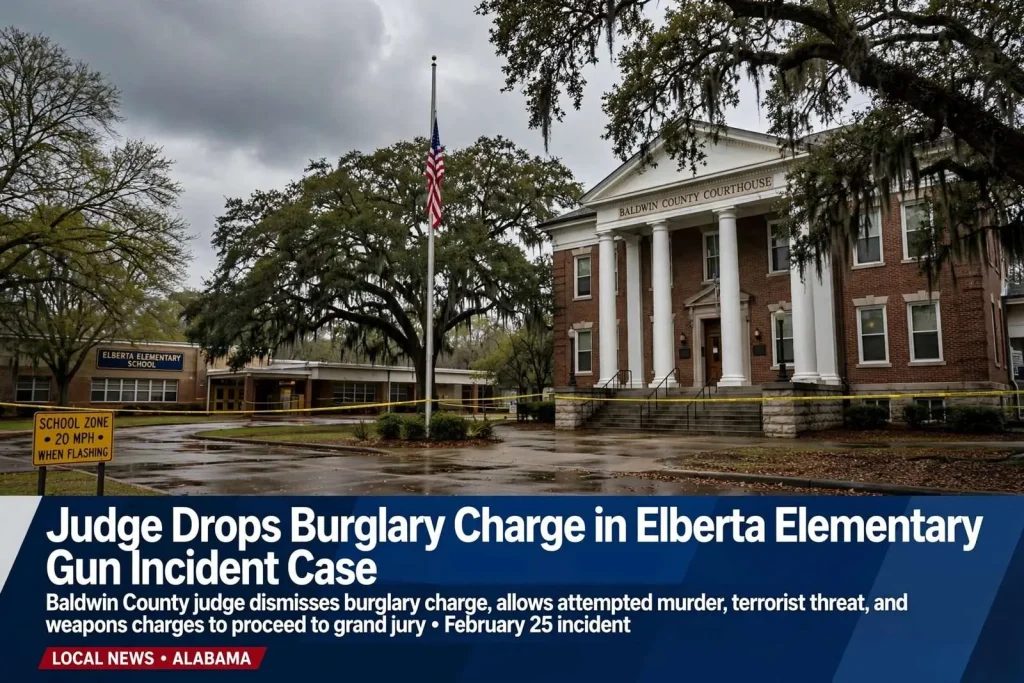 Illustration for the news story: Judge Drops Burglary Charge in Elberta Elementary Gun Incident Case