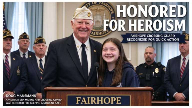 Illustration for the news story: Fairhope Crossing Guard, Vietnam Veteran, Honored for Pushing Student to Safety