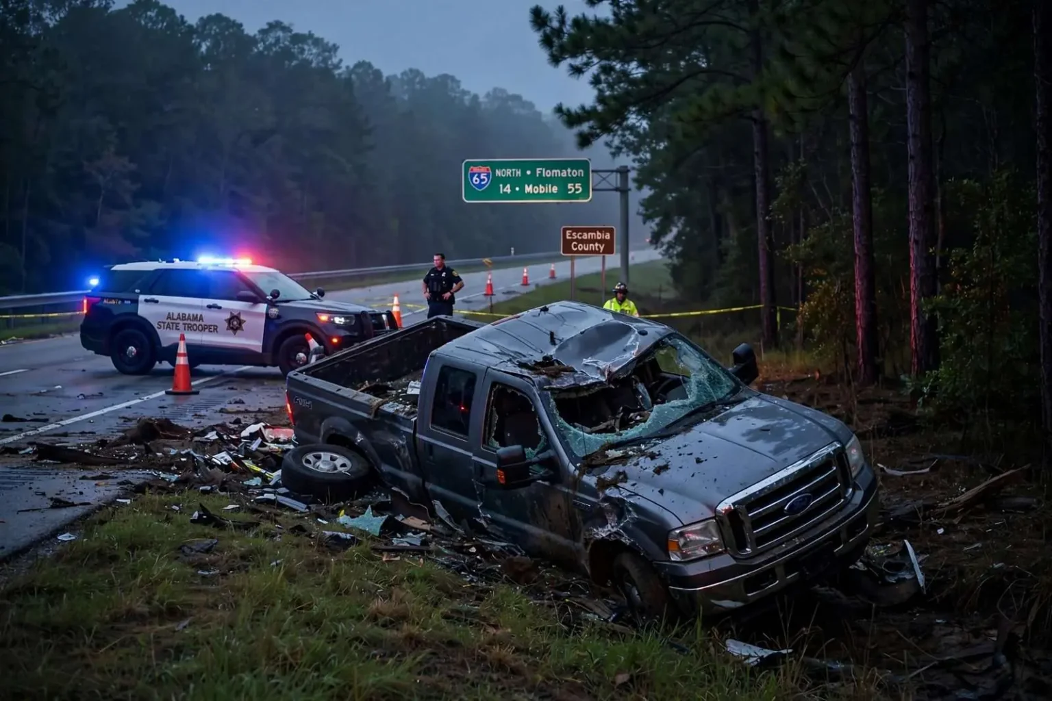 Illustration for the news story: Passenger Killed After Truck Flips on I-65 Near Flomaton