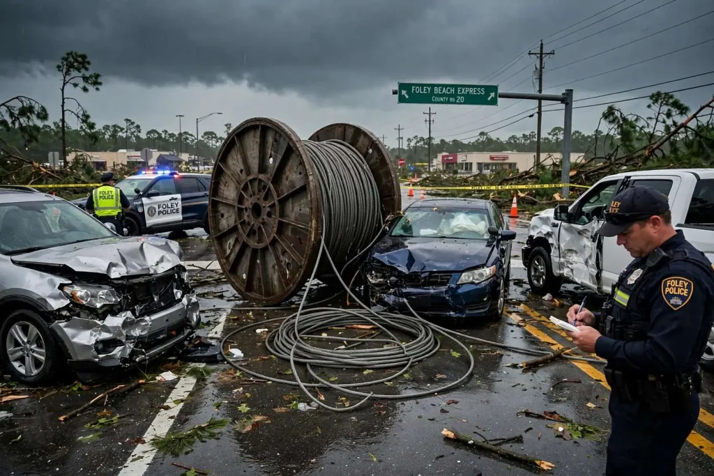 Illustration for the news story: Foley Police Search for Owner of Runaway Utility Spool That Hit Cars