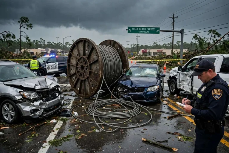 Illustration for the news story: Foley Police Search for Owner of Runaway Utility Spool That Hit Cars