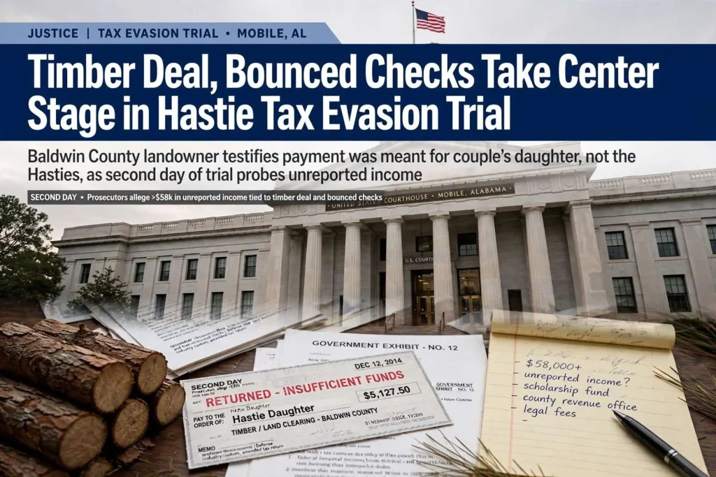 Illustration for the news story: Timber Deal, Bounced Checks Take Center Stage in Hastie Tax Evasion Trial