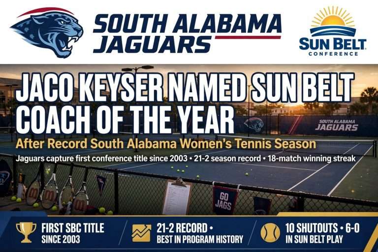 Illustration for the news story: Jaco Keyser Named Sun Belt Coach Of The Year After Record South Alabama Women’s Tennis Season