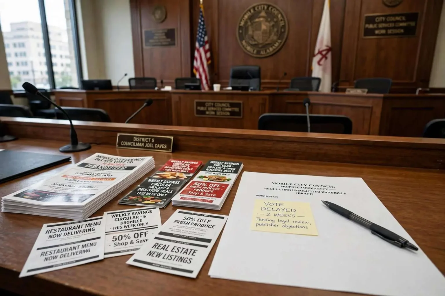Illustration for the news story: Mobile City Council Delays Vote on Handbill Ordinance Amid Publisher Objections