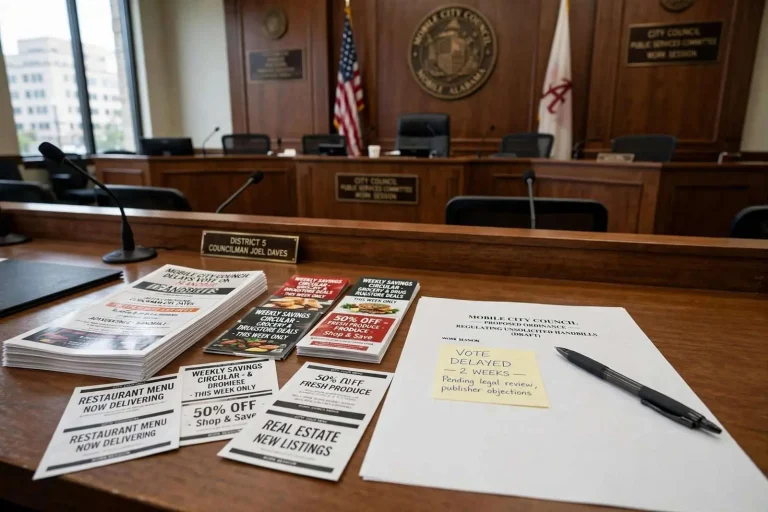 Illustration for the news story: Mobile City Council Delays Vote on Handbill Ordinance Amid Publisher Objections