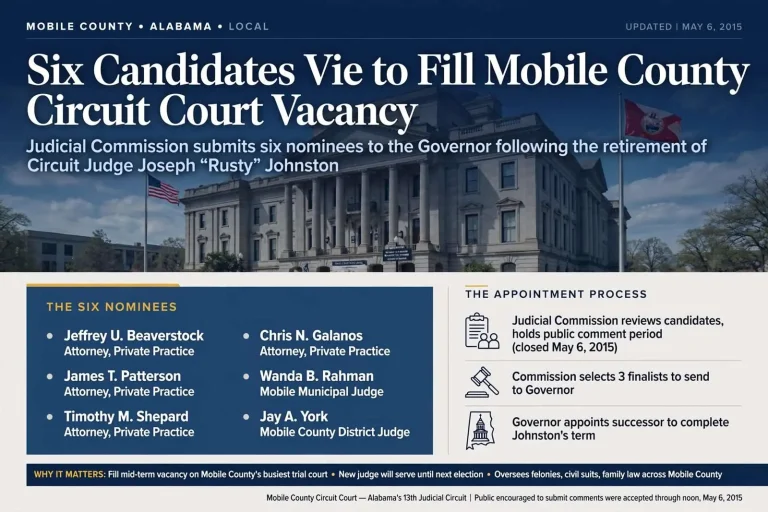 Illustration for the news story: Six Candidates Vie to Fill Mobile County Circuit Court Vacancy