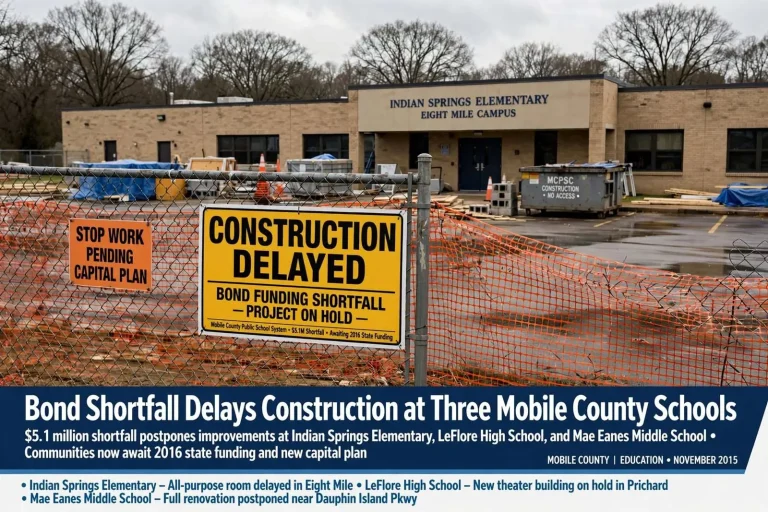 Illustration for the news story: Bond Shortfall Delays Construction at Three Mobile County Schools