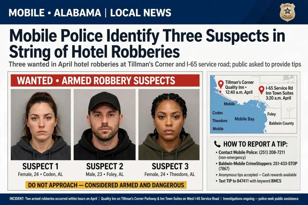 Illustration for the news story: Mobile Police Identify Three Suspects in String of Hotel Robberies