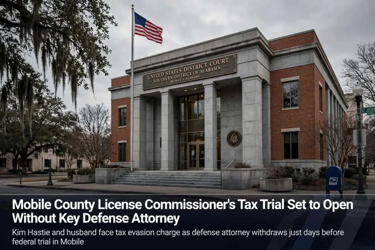 Illustration for the news story: Mobile County License Commissioner’s Tax Trial Set to Open Without Key Defense Attorney