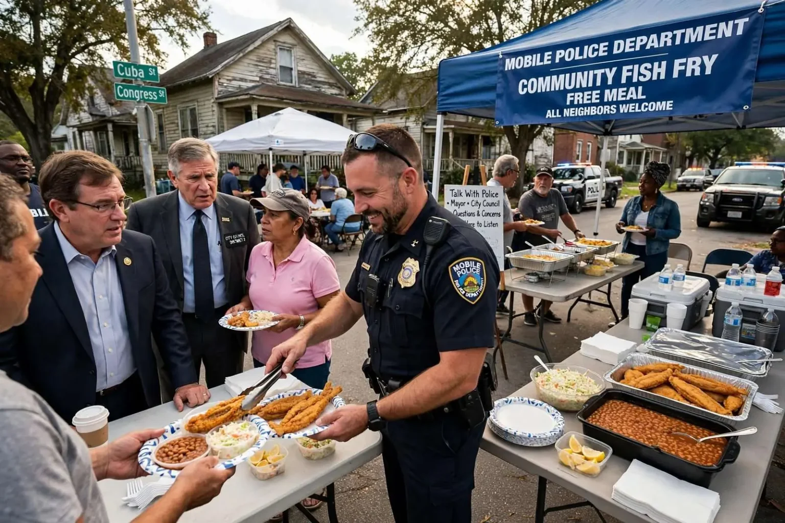 Illustration for the news story: Mobile Police Host Fish Fry to Reconnect With Campground Neighborhood