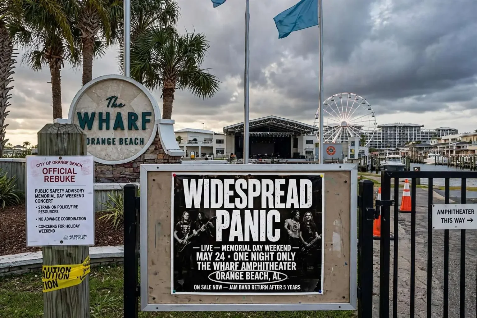 Illustration for the news story: Orange Beach Officials Rebuke Wharf Over Widespread Panic Booking