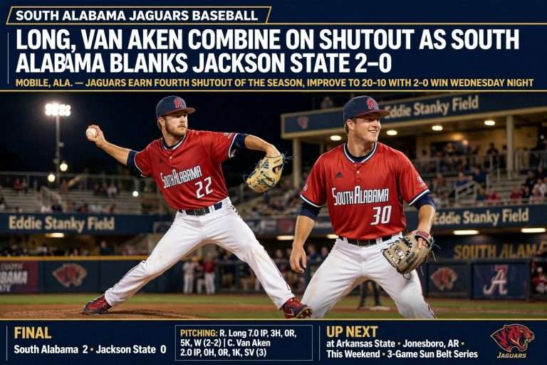 Illustration for the news story: Long, Van Aken Combine on Shutout as South Alabama Baseball Blanks Jackson State 2-0
