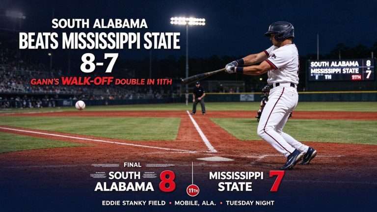 Illustration for the news story: South Alabama Baseball Beats Mississippi State 8-7 on Gann’s Walk-Off Double in 11th