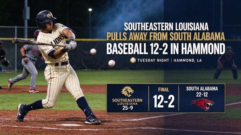 Illustration for the news story: Southeastern Louisiana Pulls Away From South Alabama Baseball 12-2 in Hammond