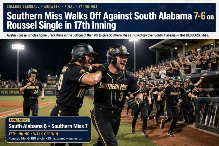 Illustration for the news story: Southern Miss Walks Off Against South Alabama 7-6 on Roussel Single in 17th Inning
