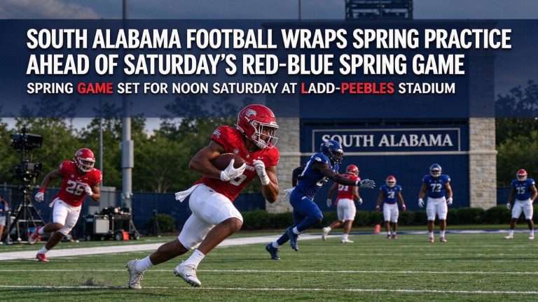 Illustration for the news story: South Alabama Football Wraps Spring Practice Ahead of Saturday’s Red-Blue Spring Game