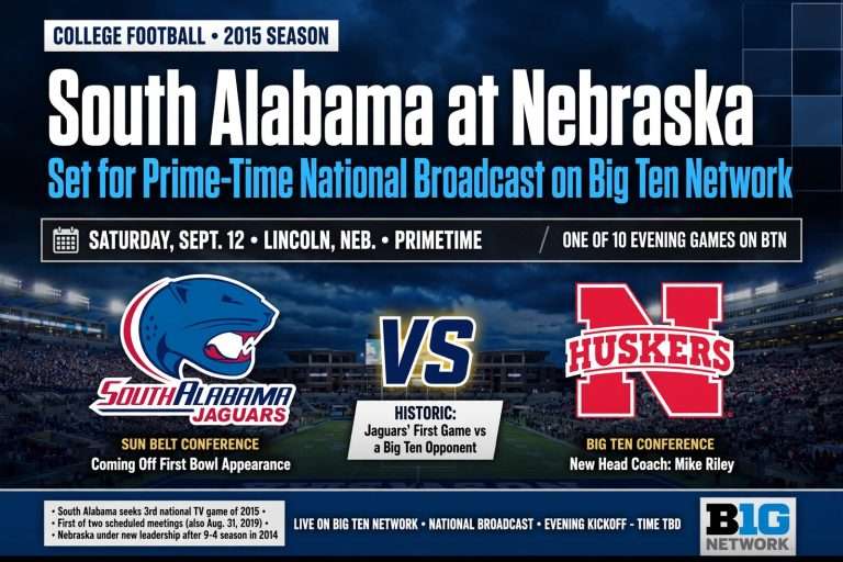 Illustration for the news story: South Alabama at Nebraska Set for Prime-Time National Broadcast on Big Ten Network